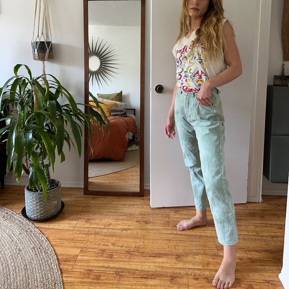 12th Tribe Pants - Light Green and Tan Marble Tie Dye Button Fly Skinny Jeans